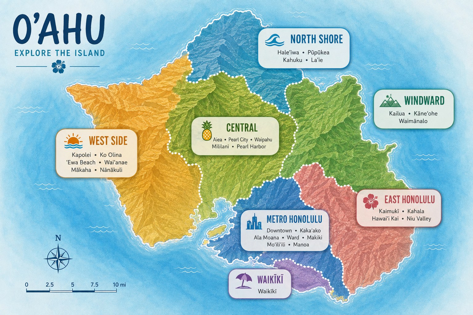 Illustrated map of Oʻahu split into seven regions: Waikīkī, Metro Honolulu, East Honolulu, Windward, Central, North Shore, and West Side.