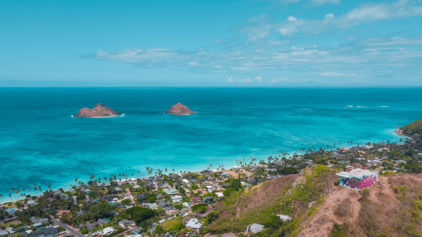 Lanikai Beach, the Mokulua islets, and a Windward Oʻahu neighborhood