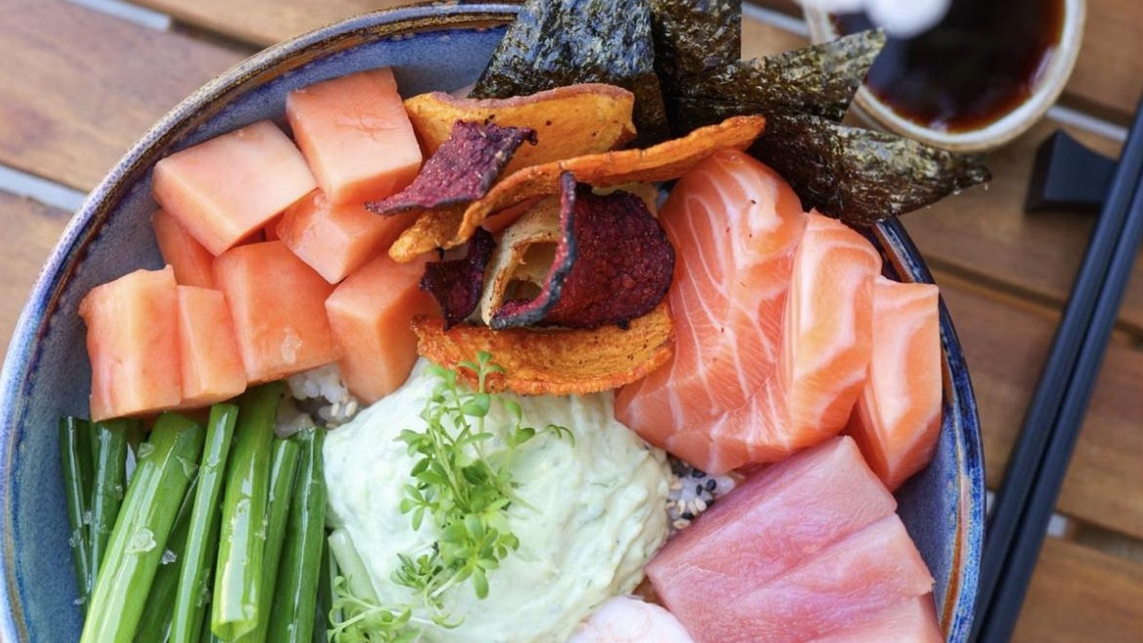 Illustrative stock photo of a colorful poke bowl.